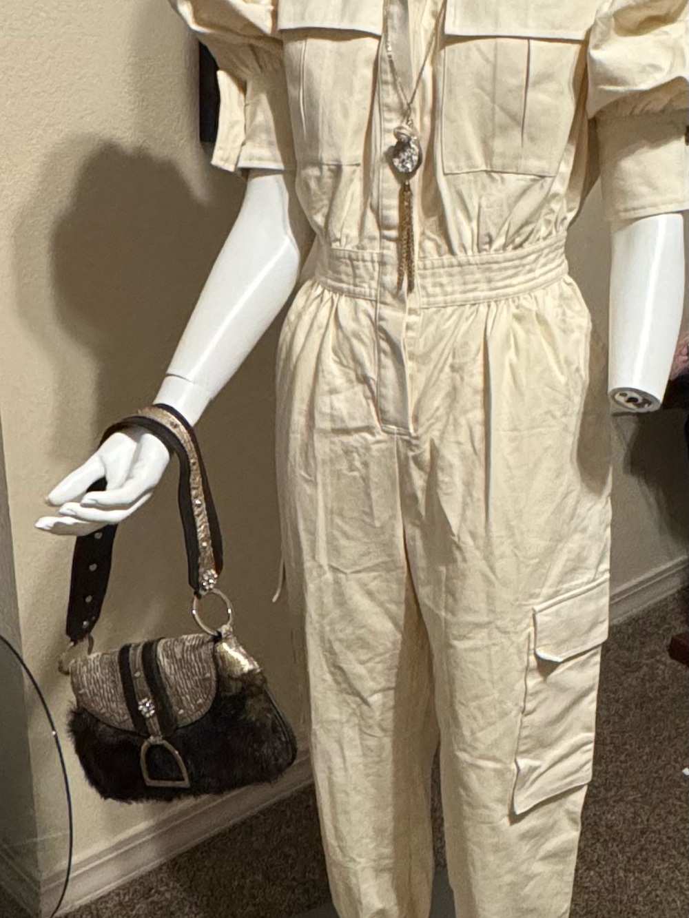 Cream fashion cargo jumpsuit -sz S